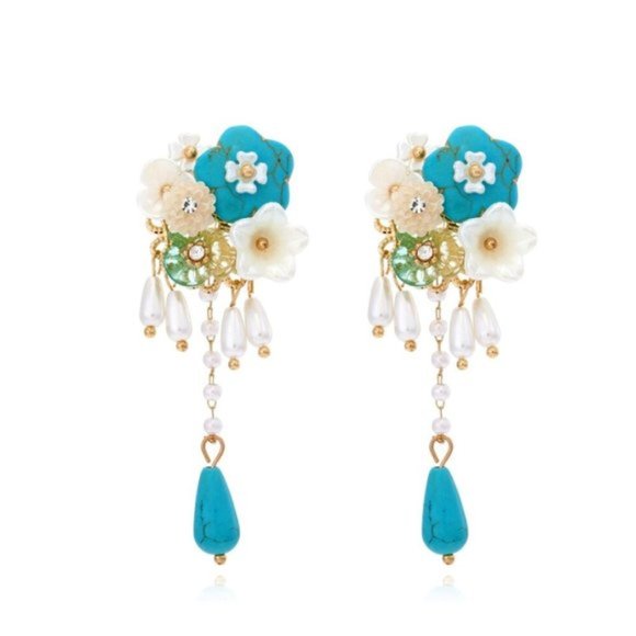 Floral Drop Earrings with Turquoise and Gold Accents Anthropologie - Picture 1 of 3